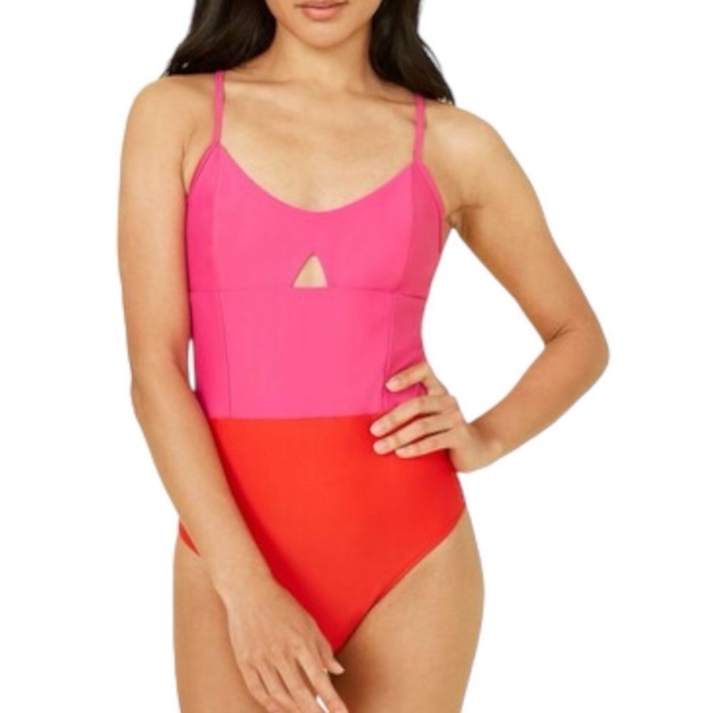 NEW summersalt Swan Dive Colorblock Cut-Out One Piece Swimsuit, Size 2, Red Pink